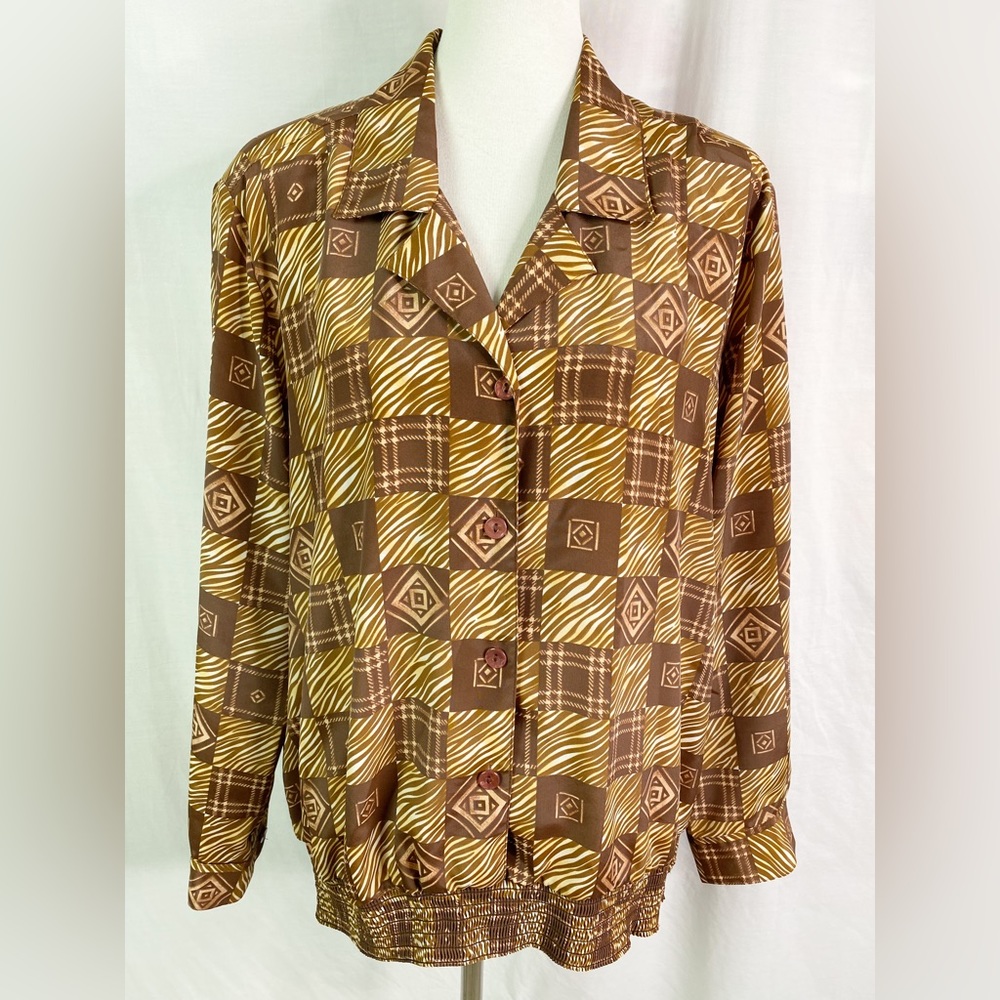 Vintage 80s Brown Checkered Geometric Print Smocked Waist Button Up Top 2X